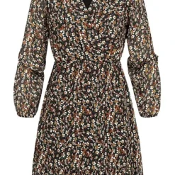 Cloud5ive Damen Chiffon Kleid Mit V-Neck Und Wickeloptik Blumen Print Schwarz