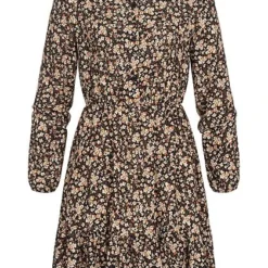 Cloud5ive Damen Volant Kleid Mit Kragen Und Knopfleiste Blumen Print Schwarz