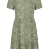 VILA Damen NOOS Volant Kleid Kurzarm Rundhals Punkte Muster Four Leaf Clove Grün Weiss -Diven Art Verkäufe 22030004
