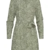VILA Damen NOOS Langarm Kleid Knopfleiste Und Kragen Mit Bindegürtel Print Grün -Diven Art Verkäufe 22030008
