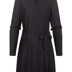 VILA Damen NOOS Langarm Kleid Knopfleiste Und Kragen Mit Bindegürtel Schwarz