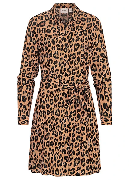 VILA Damen NOOS Langarm Kleid Knopfleiste Und Kragen Mit Bindegürtel Leo Print Braun 4 VILA Damen NOOS Langarm Kleid Knopfleiste Und Kragen Mit Bindegürtel Leo Print Braun – Bild 2