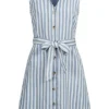 Vero Moda Damen NOOS V-Neck Kleid Ärmellos Mit Bindedetail Knopfleiste Streifen Hell Blau -Diven Art Verkäufe 22030170