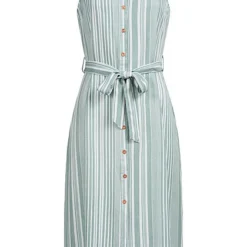 AIKI Damen Viskose Hemd Kleid Mit Knopfleiste Bindegürtel & Streifen Muster Matcha Grün