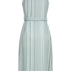 AIKI Damen Viskose Hemd Kleid Mit Knopfleiste Bindegürtel & Streifen Muster Matcha Grün -Diven Art Verkäufe 22030469 2