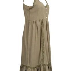 AIKI Damen V-Neck Viskose Kleid Mit 3er Knopfleiste Häkelbesatz Oliv Grün -Diven Art Verkäufe 22030901 1