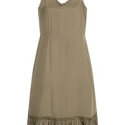 AIKI Damen V-Neck Viskose Kleid Mit 3er Knopfleiste Häkelbesatz Oliv Grün -Diven Art Verkäufe 22030901 2