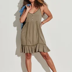 AIKI Damen V-Neck Viskose Kleid Mit 3er Knopfleiste Häkelbesatz Oliv Grün -Diven Art Verkäufe 22030901 3