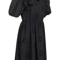 ONLY Damen 1/2 Arm Rüschen Kleid Mit Lochmuster V-Neck Schwarz -Diven Art Verkäufe 22030927 1