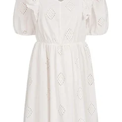 ONLY Damen 1/2 Arm Rüschen Kleid Mit Lochmuster V-Neck Cloud Dancer Weiss