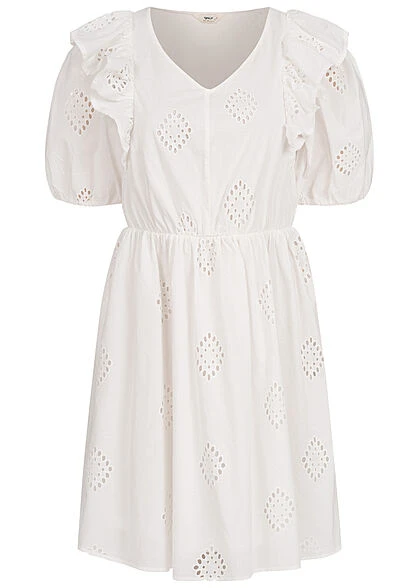 ONLY Damen 1/2 Arm Rüschen Kleid Mit Lochmuster V-Neck Cloud Dancer Weiss 3 ONLY Damen 1/2 Arm Rüschen Kleid Mit Lochmuster V-Neck Cloud Dancer Weiss