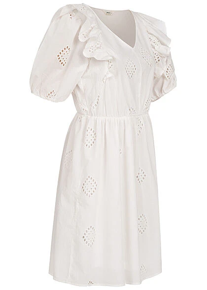 ONLY Damen 1/2 Arm Rüschen Kleid Mit Lochmuster V-Neck Cloud Dancer Weiss 4 ONLY Damen 1/2 Arm Rüschen Kleid Mit Lochmuster V-Neck Cloud Dancer Weiss – Bild 2