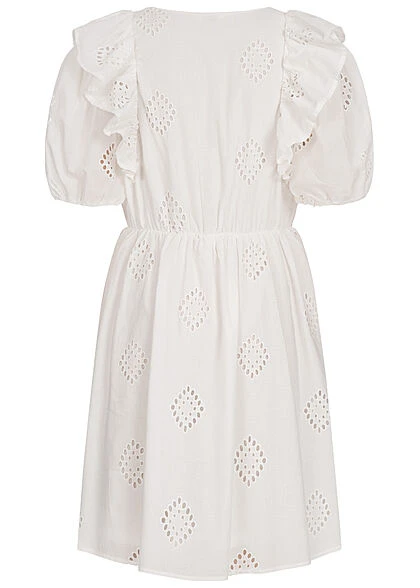 ONLY Damen 1/2 Arm Rüschen Kleid Mit Lochmuster V-Neck Cloud Dancer Weiss 5 ONLY Damen 1/2 Arm Rüschen Kleid Mit Lochmuster V-Neck Cloud Dancer Weiss – Bild 3