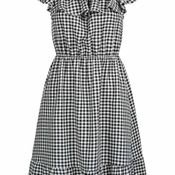 Cloud5ive Damen Volant Kleid Tailliert Mit Karo Muster Schwarz Weiss