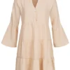 JACQUELINE DE YONG JDY By ONLY Damen 7/8 Arm V-Neck Struktur Kleid Tunika Weiter Schnitt Tapioca Beige -Diven Art Verkäufe 22040121