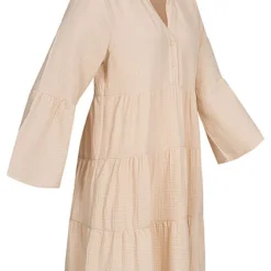 JACQUELINE DE YONG JDY By ONLY Damen 7/8 Arm V-Neck Struktur Kleid Tunika Weiter Schnitt Tapioca Beige -Diven Art Verkäufe 22040121 1