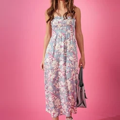 ONLY Damen Midi Kleid Gesmoktes Detail Blumen Print Stone Blau -Diven Art Verkäufe 22040419 3