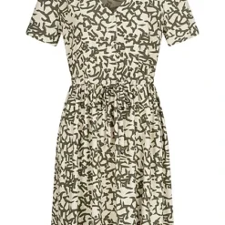 VILA Damen Viskose Kleid Mit V-Neck Und Bindedetail All Over Print Beige Grün
