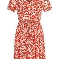 VILA Damen Viskose Kleid Mit V-Neck Und Bindedetail All Over Print Rot Weiss