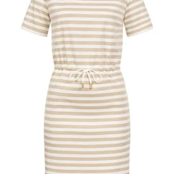 VILA Damen Kleid Mit Bindedetail Und Streifen Cement Beige Weiss