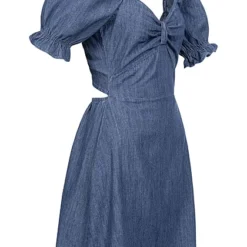 Pieces Damen 1/2 Arm V-Neck Denim Kleid Mit Rüschenärmel & Rückenausschnitt Medium Blau -Diven Art Verkäufe 22040506 1