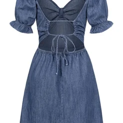 Pieces Damen 1/2 Arm V-Neck Denim Kleid Mit Rüschenärmel & Rückenausschnitt Medium Blau -Diven Art Verkäufe 22040506 2