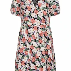 ONLY Damen Volant Kleid Mit V-Neck Und Blumen Print Schwarz Multicolor