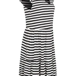 ONLY Damen Sommer Kleid Mit Cap-Sleeves & Streifen Muster V-Neck Schwarz Weiss -Diven Art Verkäufe 22040619 1