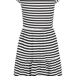 ONLY Damen Sommer Kleid Mit Cap-Sleeves & Streifen Muster V-Neck Schwarz Weiss -Diven Art Verkäufe 22040619 2