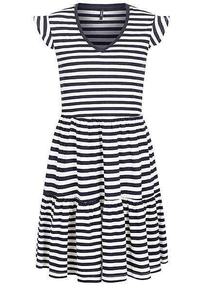 ONLY Damen Sommer Kleid Mit Cap-Sleeves & Streifen Muster V-Neck Night Sky Navy Weiss 3 ONLY Damen Sommer Kleid Mit Cap-Sleeves & Streifen Muster V-Neck Night Sky Navy Weiss