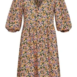 VILA Damen 3/4 Arm V-Neck Viskose Kleid Mit Knopfleiste & Blumen Print Schwarz Mc