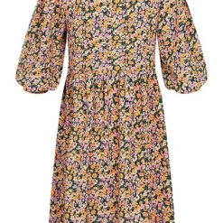 VILA Damen 3/4 Arm V-Neck Viskose Kleid Mit Knopfleiste & Blumen Print Schwarz Mc -Diven Art Verkäufe 22040637 2