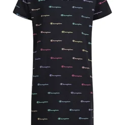 Champion Kids Mädchen Kleid T-Shirt Look All Over Logo Print Schwarz Multicolor