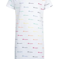Champion Kids Mädchen Kleid T-Shirt Look All Over Logo Print Weiss Multicolor