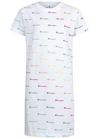 Champion Kids Mädchen Kleid T-Shirt Look All Over Logo Print Weiss Multicolor