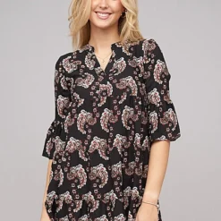 Cloud5ive Damen Paisley Kleid Mit V-Neck Und All Over Print Schwarz