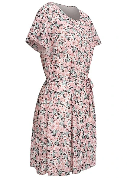 Cloud5ive Damen Kleid Mit Bindedetail Und Rundhals Blumen Print Weiss Rosa 4 Cloud5ive Damen Kleid Mit Bindedetail Und Rundhals Blumen Print Weiss Rosa – Bild 2