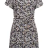 Cloud5ive Damen Kleid Mit Bindedetail Und Rundhals Blumen Print Schwarz -Diven Art Verkäufe 22046303