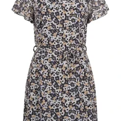 Cloud5ive Damen Kleid Mit Bindedetail Und Rundhals Blumen Print Schwarz