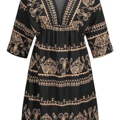 Cloud5ive Damen Kleid Mit Flügelärmeln Tiefer V-Neck All Over Print Schwarz Beige