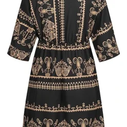 Cloud5ive Damen Kleid Mit Flügelärmeln Tiefer V-Neck All Over Print Schwarz Beige -Diven Art Verkäufe 22046357 2