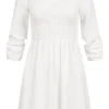 Cloud5ive Damen Langarm Kleid Mit Rundhals Strukturstoff Weiss -Diven Art Verkäufe 22046363