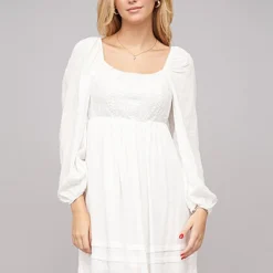 Cloud5ive Damen Viskose Kleid Mit U-Ausschnitt Langarm Weiss