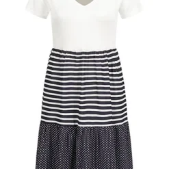 Cloud5ive Damen V-Neck Kleid Mit Streifen Und Gepunktet Weiss Navy Blau