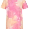 VILA Damen Oversized T-Shirt Kleid Mit Tie Dye Print Fuchsia Pink