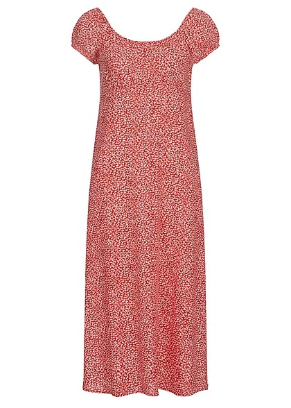 ONLY Damen Midi Viskose Kleid AOP Blumen Muster High Risk Rot Weiss