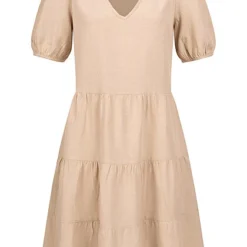 VILA Damen V-Neck Leinen Kleid Kurzarm Mi 2 Seitlichen Eingriffstaschen Cement Beige -Diven Art Verkäufe 22050105 1