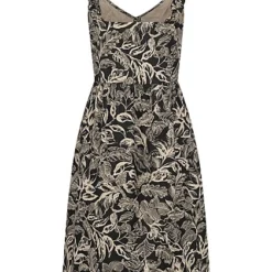 VILA Damen V-Neck Leinen Kleid M. Knopfleiste & Rüschenträger Tropical Print Schwarz Beige -Diven Art Verkäufe 22050107 2