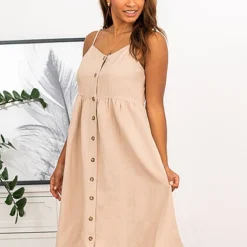 VILA Damen V-Neck Viskose Leinen Kleid Mit Knopfleiste Cement Beige -Diven Art Verkäufe 22050140 2