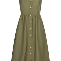 VILA Damen V-Neck Viskose Leinen Kleid Mit Knopfleiste Four Leaf Clover Oliv Grün